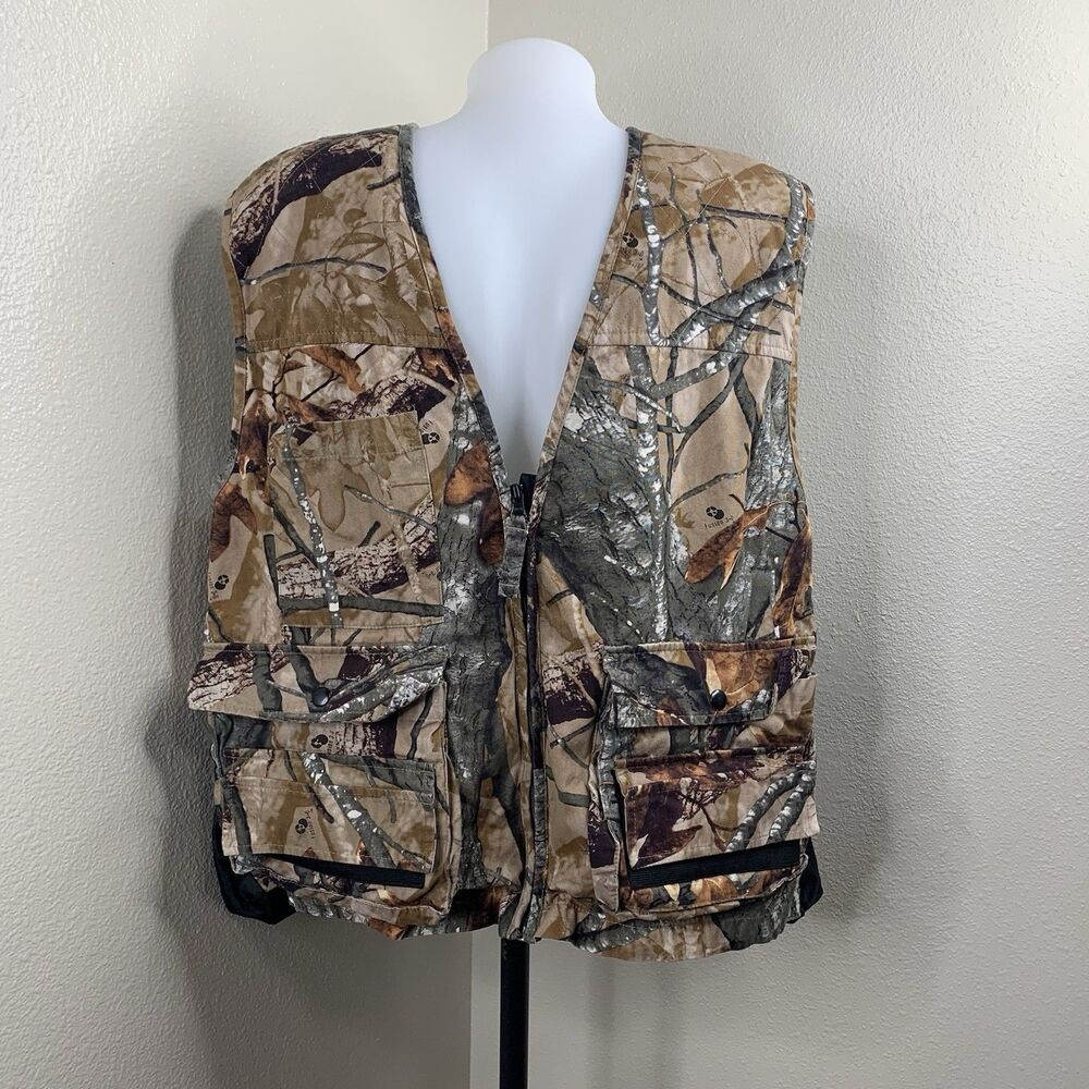 Hunting Vest Outfitters Ridge Real Tree Camo Full Zip Mesh Back Pouch Sz L *flaw